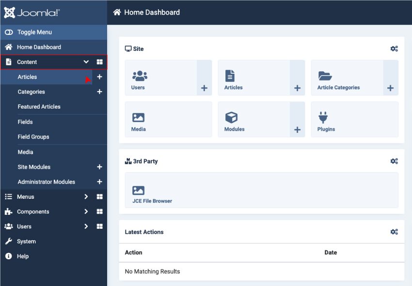 Menú Contenido Artículos del administrador de Joomla