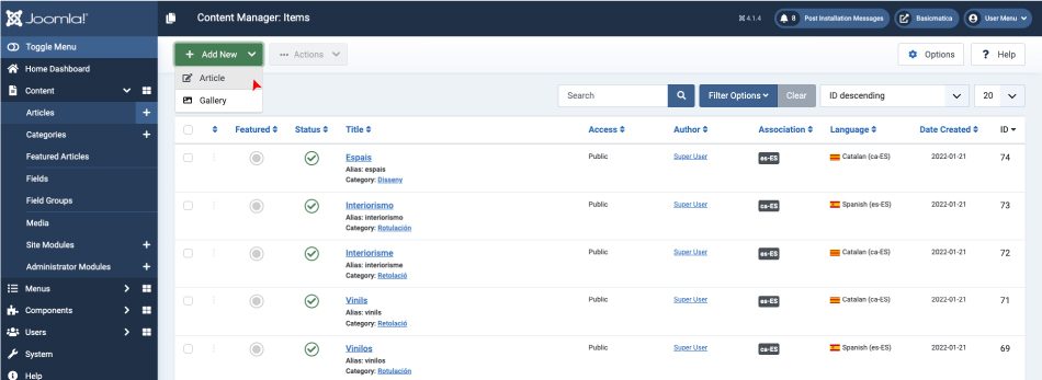 Opción Article al crear un contenido nuevo en Joomla