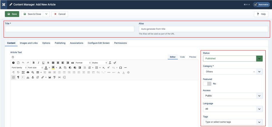 Formulario para crear un artículo en Joomla