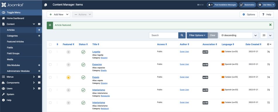 Listado del gestor de artículos de Joomla
