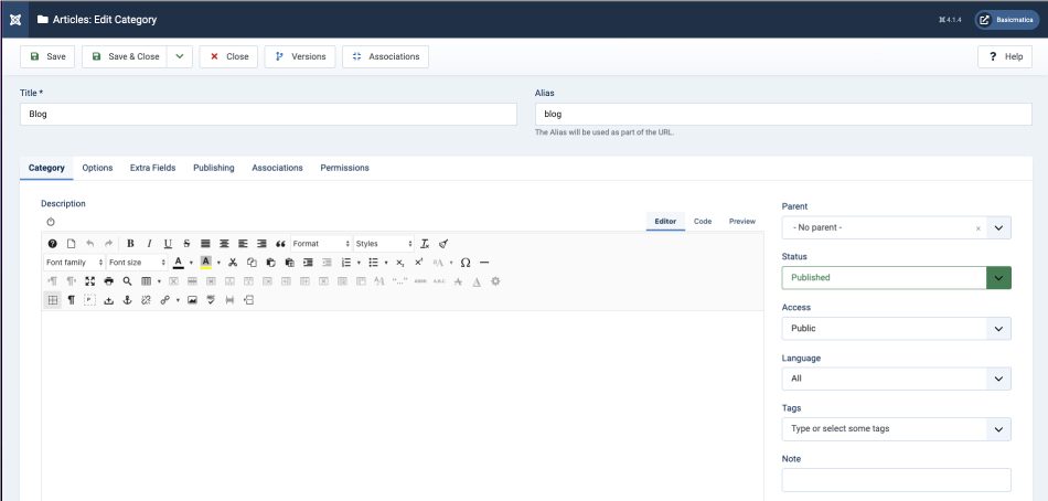 Formulario de edición de una categoría en Joomla