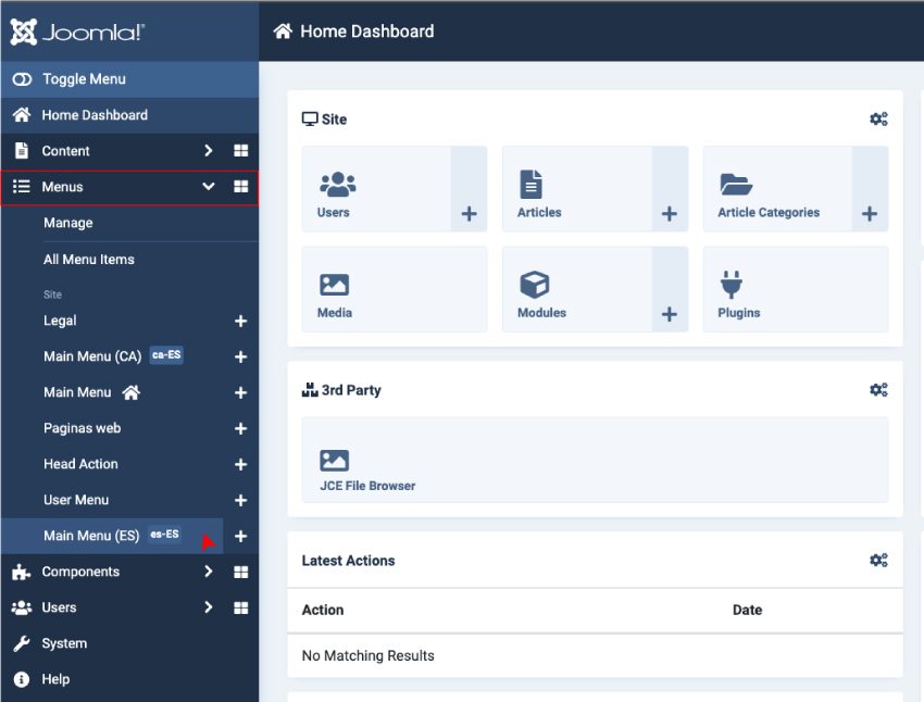 Gestor de menús del administrador de Joomla