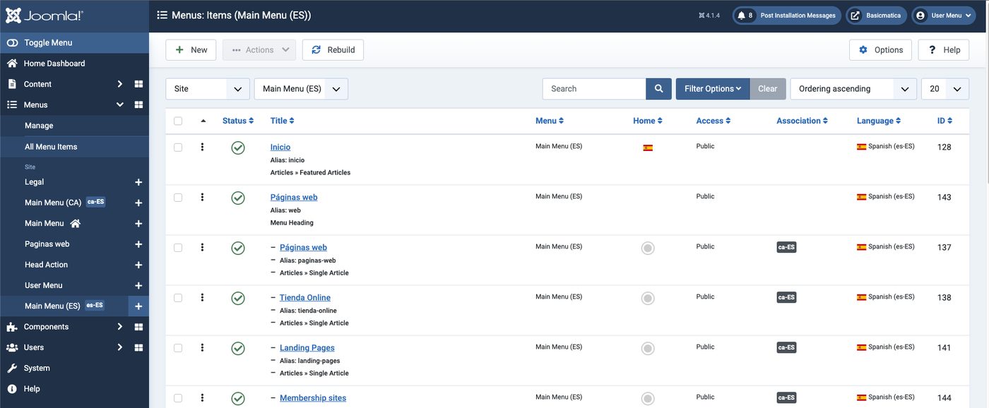 Listado de ítems en el gestor de menús de Joomla