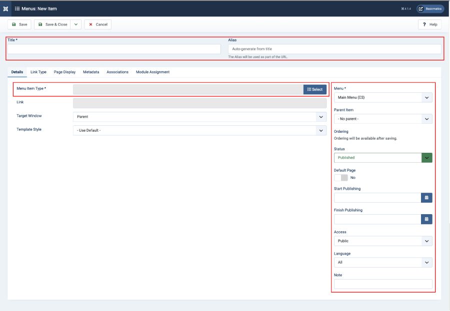 Formulario para crear un ítem de menú en Joomla