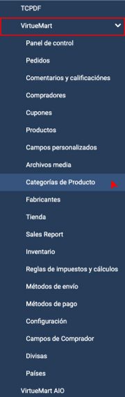 Submenú de categorías de producto en VirtueMart