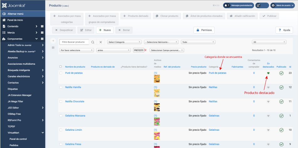 Gestor de productos de VirtueMart