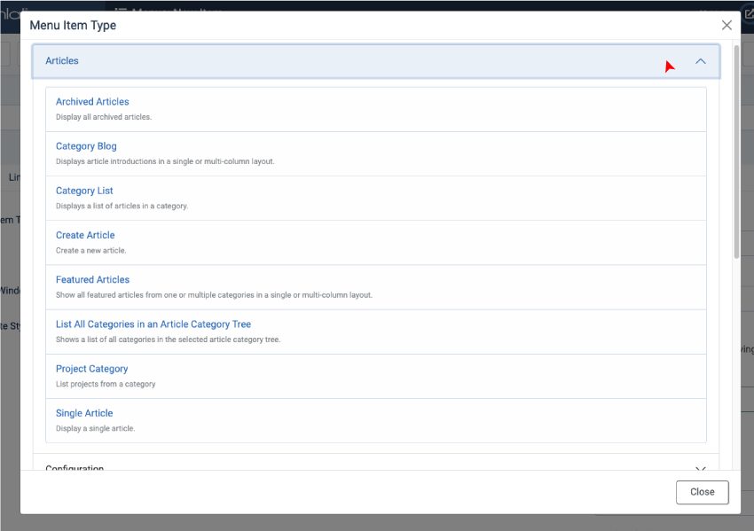 Ventana para elegir el tipo de ítem de menú en Joomla